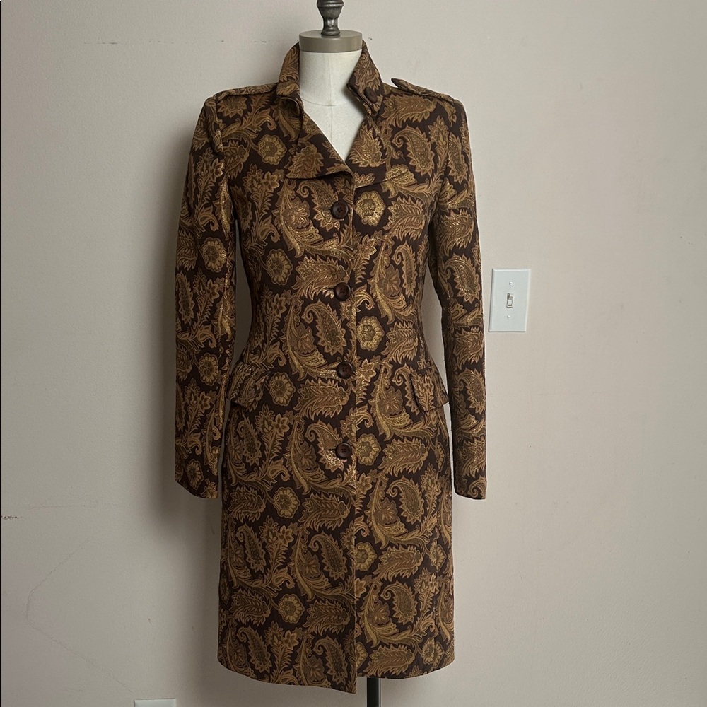 Vintage Debbie Shuchat Jacquard Brown Gold Fitted Trench coat size 4 / small
